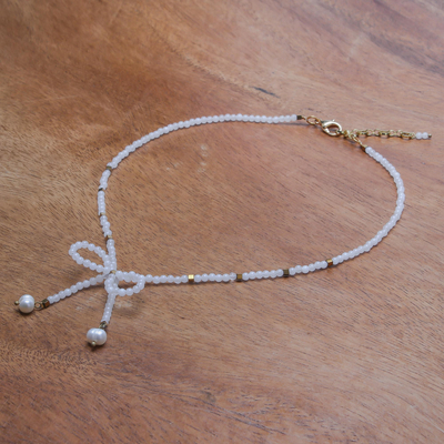 Quartz and cultured pearl beaded pendant necklace, 'Lovely Bow' - Natural Quartz and Cultured Pearl Beaded Necklace