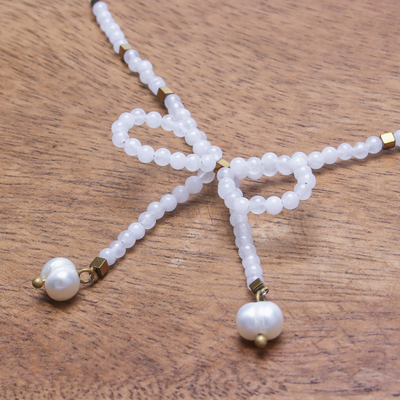 Collar con colgante de cuentas de cuarzo y perlas cultivadas - Collar con cuentas de cuarzo natural y perlas cultivadas