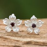 Garnet stud earrings, 'Winter Blooms' - Floral Garnet Stud Earrings from Thailand