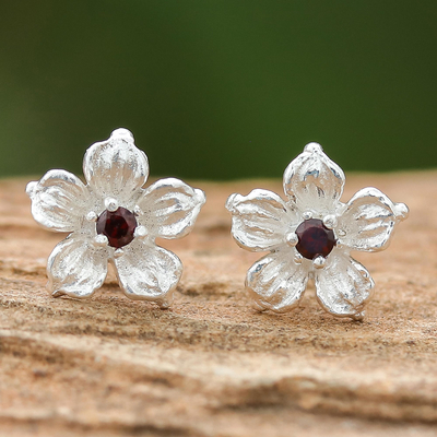 Garnet stud earrings, 'Winter Blooms' - Floral Garnet Stud Earrings from Thailand