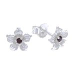 Garnet stud earrings, 'Winter Blooms' - Floral Garnet Stud Earrings from Thailand