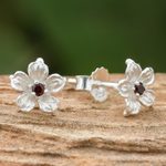 Garnet stud earrings, 'Winter Blooms' - Floral Garnet Stud Earrings from Thailand