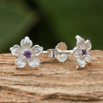 Amethyst stud earrings, 'Winter Blooms' - Floral Amethyst Stud Earrings from Thailand