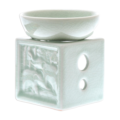 Elephant-Themed Celadon Ceramic Oil Warmer from Thailand