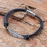 Stainless steel and leather pendant bracelet, 'Stunning Feather in Black'