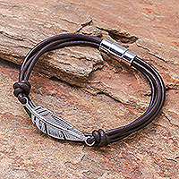 Stainless steel and leather pendant bracelet, 'Stunning Feather in Brown'