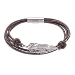 Stainless steel and leather pendant bracelet, 'Stunning Feather in Brown' - Stainless Steel and Brown Leather Feather Pendant Bracelet