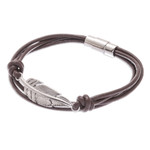 Stainless steel and leather pendant bracelet, 'Stunning Feather in Brown' - Stainless Steel and Brown Leather Feather Pendant Bracelet