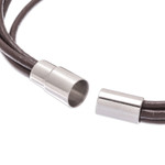 Stainless steel and leather pendant bracelet, 'Stunning Feather in Brown' - Stainless Steel and Brown Leather Feather Pendant Bracelet