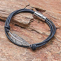 Stainless steel and leather pendant bracelet, 'Stunning Feather in Navy'