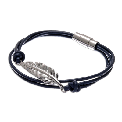 Stainless Steel and Navy Leather Feather Pendant Bracelet