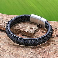 Braided leather wristband bracelet, 'Cool Style in Black'