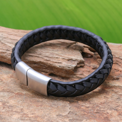 Braided leather wristband bracelet, 'Cool Style in Black' - Black Leather Braided Wristband Bracelet from Thailand