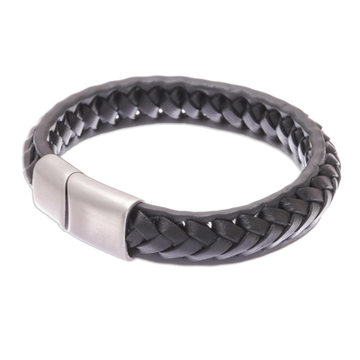 Braided leather wristband bracelet, 'Cool Style in Black' - Black Leather Braided Wristband Bracelet from Thailand