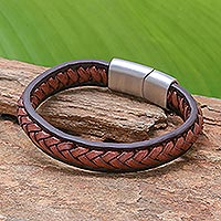 Braided leather wristband bracelet, 'Cool Style in Russet'