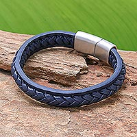 Braided leather wristband bracelet, 'Cool Style in Midnight' - Midnight Leather Braided Wristband Bracelet from Thailand