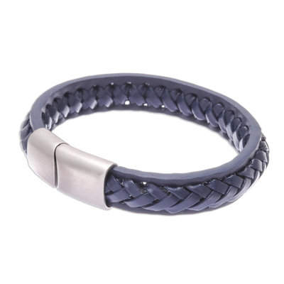 Braided leather wristband bracelet, 'Cool Style in Midnight' - Midnight Leather Braided Wristband Bracelet from Thailand