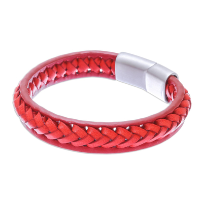 Braided leather wristband bracelet, 'Cool Style in Crimson' - Crimson Leather Braided Wristband Bracelet from Thailand