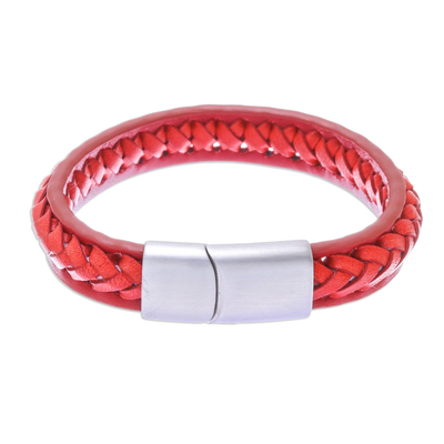 Braided leather wristband bracelet, 'Cool Style in Crimson' - Crimson Leather Braided Wristband Bracelet from Thailand