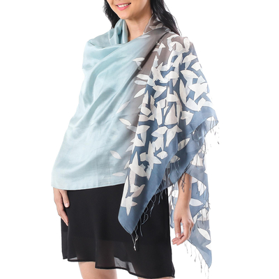 Batik silk shawl, 'Nature's Whisper' - Hand-Painted Ombre Batik Silk Shawl from Thailand