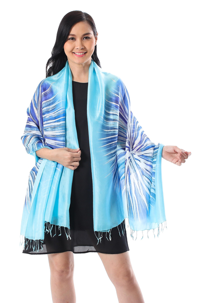 Batik silk shawl, 'Whispering Waters' - Hand-Painted Blue Batik Silk Shawl from Thailand