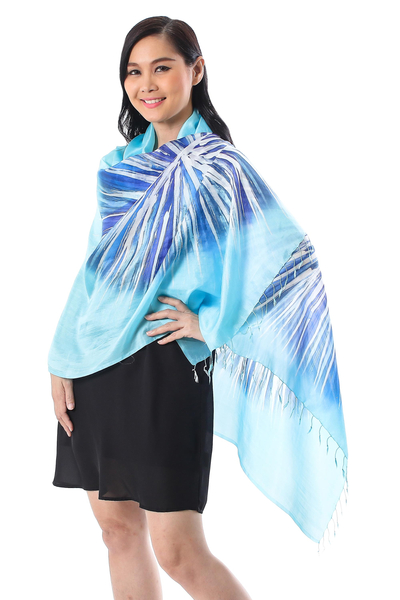 Batik silk shawl, 'Whispering Waters' - Hand-Painted Blue Batik Silk Shawl from Thailand