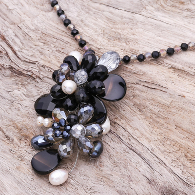 Agate and cultured pearl pendant necklace, 'Fascinating Cluster' - Agate and Cultured Pearl Beaded Cluster Pendant Necklace