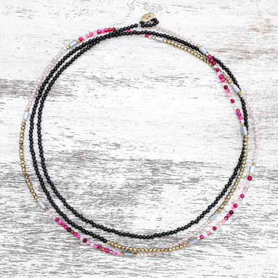 Agate long beaded strand necklace, 'Midnight Love in Pink' - Extra Long Beaded Strand Necklace in Pink from Thailand