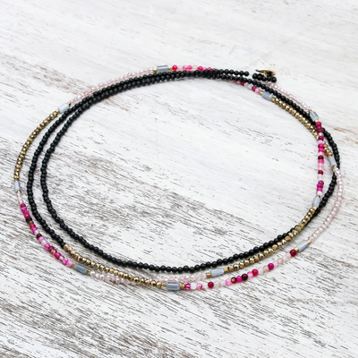Agate long beaded strand necklace, 'Midnight Love in Pink' - Agate Long Beaded Strand Necklace in Pink from Thailand