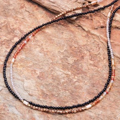 Agate long beaded strand necklace, 'Midnight Love in Red-Orange' - Agate Long Beaded Strand Necklace in Red-Orange