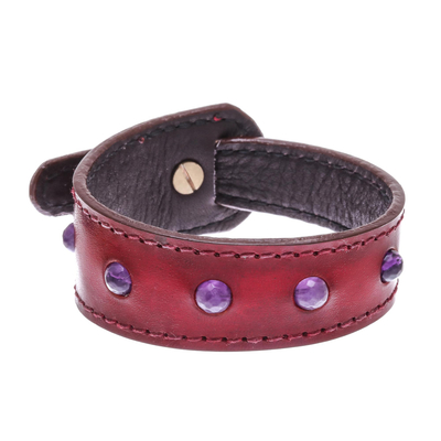 Amethyst and leather wristband bracelet, 'Mystical Meteor' - Amethyst and Red Leather Wristband Bracelet from Thailand