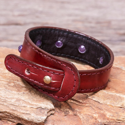 Armband aus Amethyst und Leder - Amethyst- und rotes Lederarmband aus Thailand