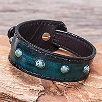 Agate and leather wristband bracelet, 'Mossy Meteor' - Blue-Green Agate and Leather Wristband Bracelet