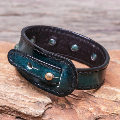 Agate and leather wristband bracelet, 'Mossy Meteor' - Blue-Green Agate and Leather Wristband Bracelet