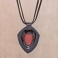 Jasper and leather pendant necklace, 'Bold Shield'