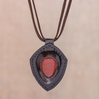 Jasper and leather pendant necklace, Bold Shield