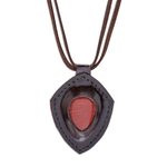 Jasper and leather pendant necklace, 'Bold Shield' - Jasper and Leather Pendant Necklace from Thailand
