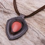Jasper and leather pendant necklace, 'Bold Shield' - Jasper and Leather Pendant Necklace from Thailand