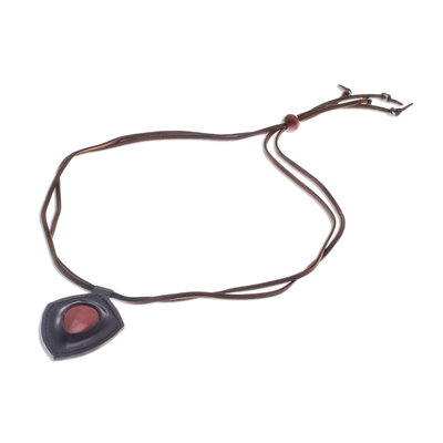 Jasper and leather pendant necklace, 'Bold Shield' - Jasper and Leather Pendant Necklace from Thailand