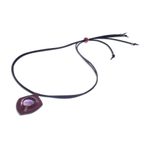 Amethyst and leather pendant necklace, 'Bold Shield' - Amethyst and Leather Pendant Necklace from Thailand