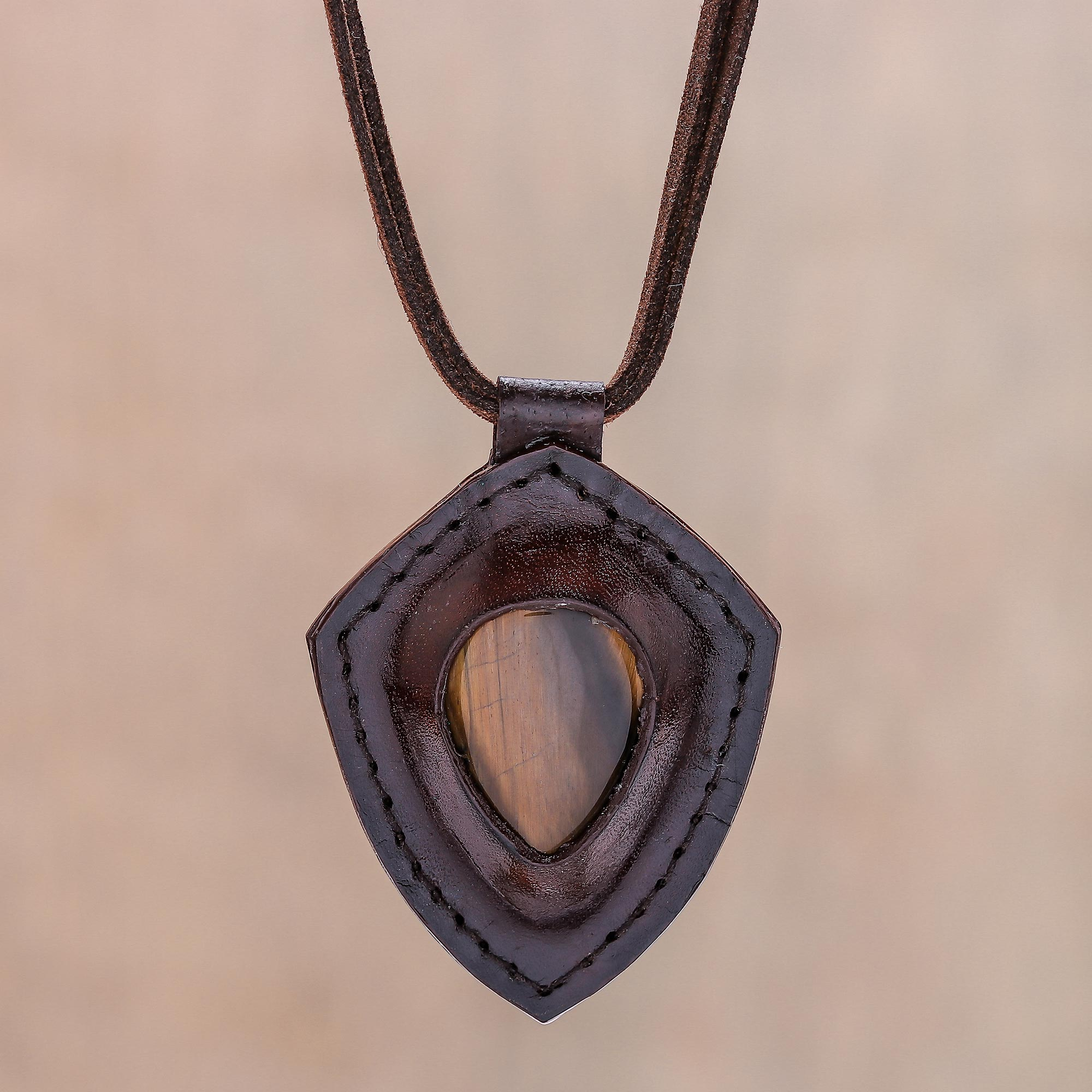 Tiger's Eye and Leather Pendant Necklace from Thailand, 'Bold Shield'