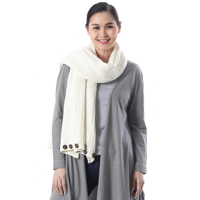 Cotton convertible scarf, 'Dreamscape in Snow White' - Knit Cotton Convertible Scarf in Snow White from Thailand