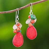 Pendientes colgantes con cuentas de piedras preciosas múltiples, 'Summer Fire' - Pendientes colgantes con cuentas de piedras preciosas múltiples elaborados en Tailandia