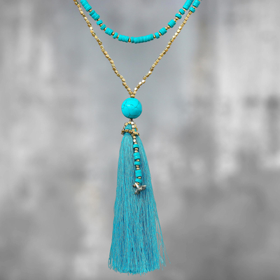 Natural Beaded long Tassel Necklace Onyx Turquoise Gold Boho Beads Amazonite