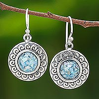 Roman glass dangle earrings, 'Sun of the Sea' - Curl Pattern Roman Glass Dangle Earrings from Thailand