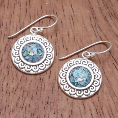 Roman glass dangle earrings, 'Sun of the Sea' - Curl Pattern Roman Glass Dangle Earrings from Thailand