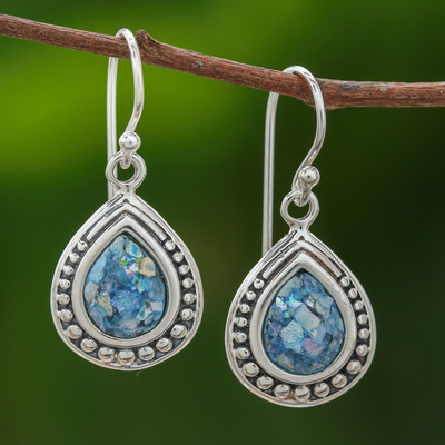 Roman glass dangle earrings, 'Ancient Teardrops' - Drop-Shaped Roman Glass Dangle Earrings from Thailand