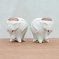 Ceramic salt and pepper shakers, 'Calm Elephants in White' (pair) - Ceramic Elephant Salt and Pepper Shakers in White (Pair)