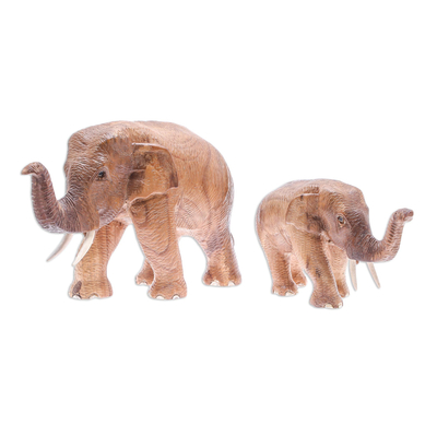 Teak Wood Elephant Father and Son Sculptures (Pair)