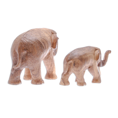 Skulpturen aus Teakholz, (Paar) - Elefanten-Vater- und Sohn-Skulpturen aus Teakholz (Paar)